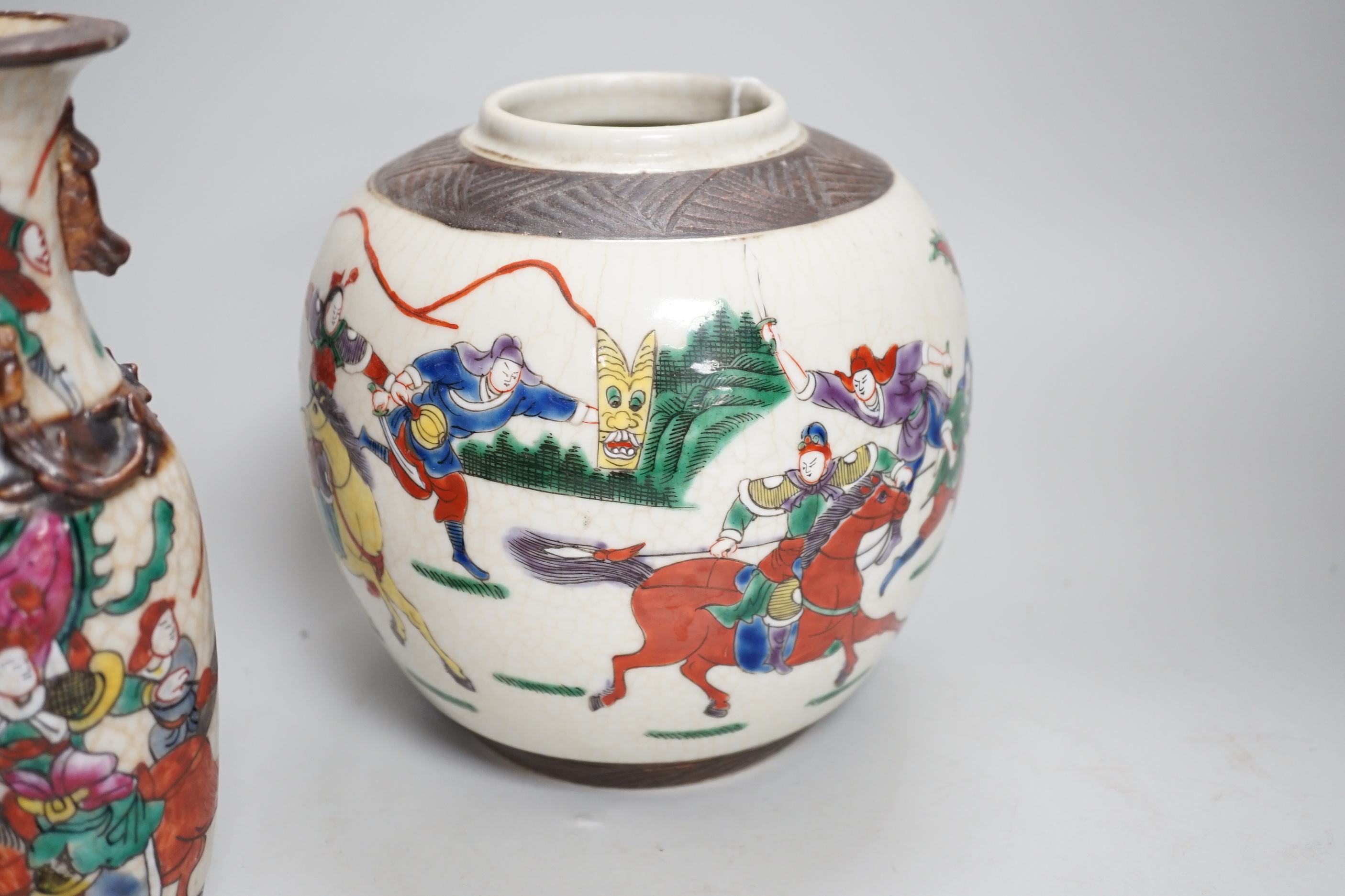 A pair of Chinese crackleware vases and Satsuma ginger jar, largest each 20cm high